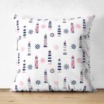 - Simple minimal vector pattern with lightouses and helm in blue, - Realhomes Çift Taraflı Deniz Feneri Temalı Dijital Baskılı Özel Tasarım Modern Süet Yastık Kırlent Kılıfı Realhomes