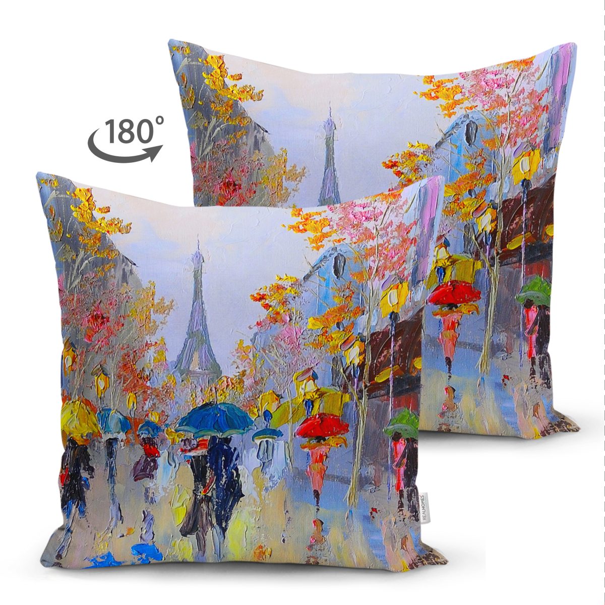 Çift Taraflı Paris'te Yağmur Yağlı Boya Desenli Dijital Baskılı Dekoratif Modern Süet Yastık Kırlent Kılıfı Realhomes
