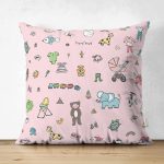 - Print - Realhomes Çift Taraflı Pembe Zeminde Bebek Oyuncakları Dijital Baskılı Özel Tasarım Modern Süet Yastık Kırlent Kılıfı Realhomes