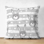 - Печать - Realhomes Çift Taraflı Gri Tavşan Motifli Dijital Baskılı Özel Tasarım Modern Süet Yastık Kırlent Kılıfı Realhomes