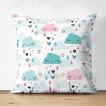 - Print - Realhomes Çift Taraflı Mavi Pembe Yağmur Bulutları Desenli Dijital Baskılı Özel Tasarım Modern Süet Yastık Kırlent Kılıfı Realhomes