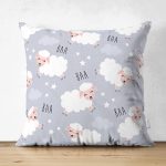 - Print - Realhomes Çift Taraflı Puanlı Gri Zeminde Koyun Desenli Dijital Baskılı Özel Tasarım Modern Süet Yastık Kırlent Kılıfı Realhomes