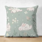 - Печать - Realhomes Çift Taraflı Yeşil Zeminde Sevimli Tavşan Desenli Dijital Baskılı Özel Tasarım Modern Süet Yastık Kırlent Kılıfı Realhomes