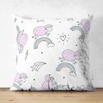 - Печать - Realhomes Çift Taraflı Pembe Koyunlar Ve Gökkuşağı Desenli Dijital Baskılı Özel Tasarım Modern Süet Yastık Kırlent Kılıfı Realhomes