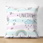 - Печать - Realhomes Çift Taraflı Unicorn Ve Gökkuşağı Desenli Dijital Baskılı Özel Tasarım Modern Süet Yastık Kırlent Kılıfı Realhomes