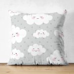 - Print - Realhomes Çift Taraflı Puanlı Zeminde Gülümseyen Bulut Motifli Dijital Baskılı Özel Tasarım Modern Süet Yastık Kırlent Kılıfı Realhomes