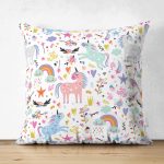 - Suet-K1483-Gorsel - Realhomes Çift Taraflı Unicorn Ve Gökkuşağı Temalı Dijital Baskılı Özel Tasarım Modern Süet Yastık Kırlent Kılıfı Realhomes