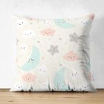 - Print - Realhomes Çift Taraflı Krem Zeminde Bulut Ve Ay Desenli Dijital Baskılı Özel Tasarım Modern Süet Yastık Kırlent Kılıfı Realhomes