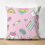 - Print - Realhomes Çift Taraflı Unicorn Pasta Ve Kalp Desenli Dijital Baskılı Özel Tasarım Modern Süet Yastık Kırlent Kılıfı Realhomes