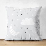 - Print - Realhomes Çift Taraflı Gri Zeminde Yıldız Bulut Ve Ay Desenli Dijital Baskılı Özel Tasarım Modern Süet Yastık Kırlent Kılıfı Realhomes