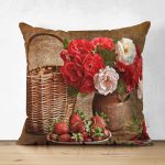 Çift Taraflı Vazoda Güller Ve Çilek Sepeti Desenli Dijital Baskılı Dekoratif Modern Süet Yastık Kırlent Kılıfı Realhomes