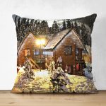 - Suet-K1536-Gorsel - Realhomes Çift Taraflı Karlı Ev Manzarası Dijital Baskılı Dekoratif Modern Süet Yastık Kırlent Kılıfı Realhomes