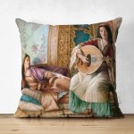 Çift Taraflı Osmanlı Temalı Yağlı Boya Dijital Baskılı Dekoratif Modern Süet Yastık Kırlent Kılıfı Realhomes