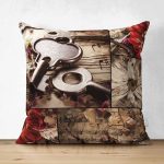 - Vintage collage - Realhomes Çift Taraflı Kağıt Üzerinde Çiçek Ve Anahtar Desenli Dijital Baskılı Dekoratif Modern Süet Yastık Kırlent Kılıfı Realhomes