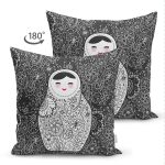 - Suet-K211-Gorsel-1 - Realhomes Çift Taraflı Çiçek Desenli Zeminde Matruşka Dijital Baskılı Dekoratif Süet Yastık Kırlent Kılıfı Realhomes