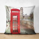 - Suet-K229-Gorsel - Realhomes Çift Taraflı Kırmızı Telefon Kulübesi Tasarımlı Dijital Baskılı Dekoratif Süet Yastık Kırlent Kılıfı Realhomes
