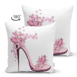 - Suet-K231-Gorsel-1 - Realhomes Çift Taraflı Pembe Çiçekli Topuklu Ayakkabı İllüstrasyon Dijital Baskılı Dekoratif Süet Yastık Kırlent Kılıfı Realhomes