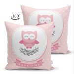 - Suet-K232-Gorsel-1 - Realhomes Çift Taraflı Pembe Zeminde Sevimli Baykuş Çizimli Dijital Baskılı Dekoratif Süet Yastık Kırlent Kılıfı Realhomes