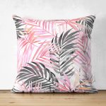 - Suet-K2574-Gorsel - Realhomes Çift Taraflı Pembe Gri Yaprak Temalı Dijital Baskılı Dekoratif Süet Yastık Kırlent Kılıfı Realhomes