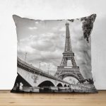 - Suet-K26-Gorsel - Realhomes Çift Taraflı Eyfel Kulesi Tasarımlı Dijital Baskılı Dekoratif Süet Yastık Kırlent Kılıfı Realhomes