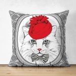Çift Taraflı Kırmızı Şapkalı Kedi Tasarımlı Dijital Baskılı Dekoratif Süet Yastık Kırlent Kılıfı Realhomes