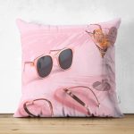 - Suet-K3016-Gorsel - Realhomes Çift Taraflı Pembe Zeminde Yaz Temalı Süet Yastık Kırlent Kılıfı Realhomes