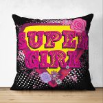 - Suet-K3301-Gorsel - Realhomes Çift Taraflı Siyah Zeminde Super Girl Özel Tasarımlı Dijital Baskılı Modern Süet Yastık Kırlent Kılıfı Realhomes