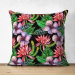 - Suet-K3444-Gorsel - Realhomes Çift Taraflı Siyah Zeminde Suluboya Tropik Bitkiler Tasarımlı Modern Süet Yastık Kırlent Kılıfı Realhomes