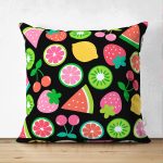 - Suet-K3484-Gorsel - Realhomes Çift Taraflı Siyah Zeminli Meyveler Tasarımlı Dijital Baskılı Modern Süet Yastık Kırlent Kılıfı Realhomes