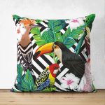 - Suet-K3502-Gorsel - Realhomes Çift Taraflı Geometrik Zeminde Tropikal Desenli Dijital Baskılı Modern Süet Yastık Kırlent Kılıfı Realhomes