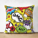 - Suet-K3504-Gorsel - Realhomes Çift Taraflı Sarı Zeminde Popart Özel Tasarımlı Dijital Baskılı Modern Süet Yastık Kırlent Kılıfı Realhomes