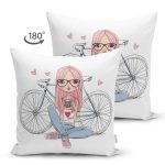 - Suet-K3542-Gorsel-1 - Realhomes Çift Taraflı Fashion Bisikletli Kız Motifli Dijital Baskılı Modern Süet Yastık Kırlent Kılıfı Realhomes