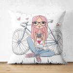 - Suet-K3542-Gorsel - Realhomes Çift Taraflı Fashion Bisikletli Kız Motifli Dijital Baskılı Modern Süet Yastık Kırlent Kılıfı Realhomes