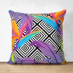 - Suet-K3543-Gorsel - Realhomes Çift Taraflı Geometrik Zeminde Tropikal Yapraklar Dijital Baskılı Modern Süet Yastık Kırlent Kılıfı Realhomes