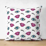 - Suet-K3555-Gorsel - Realhomes Çift Taraflı Göz Dudak Kaş Motifli Özel Tasarımlı Dijital Baskılı Modern Süet Yastık Kırlent Kılıfı Realhomes