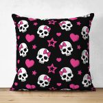 Çift Taraflı Siyah Zeminde İskelet Desenli Dijital Baskılı Özel Tasarım Modern Süet Yastık Kırlent Kılıfı Realhomes