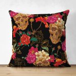 Çift Taraflı Kuru Kafa ve Çiçekler Dijital Baskılı Modern Süet Yastık Kırlent Kılıfı Realhomes