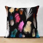 - Suet-K3663-Gorsel - Realhomes Çift Taraflı Siyah Zeminli Renkli Tüyler Dijital Baskılı Süet Yastık Kırlent Kılıfı Realhomes