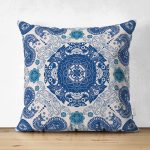 Çift Taraflı Mavi renkli Etnik Motifler Dijital Baskılı Modern Süet Yastık Kırlent Kılıfı Realhomes