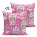 - Suet-K3682-Gorsel-1 - Realhomes Çift Taraflı Pembe Zeminli Kurukafa Dijital Baskılı Süet Yastık Kırlent Kılıfı Realhomes