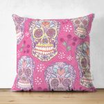 - Suet-K3682-Gorsel - Realhomes Çift Taraflı Pembe Zeminli Kurukafa Dijital Baskılı Süet Yastık Kırlent Kılıfı Realhomes