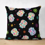 - Suet-K3686-Gorsel - Realhomes Çift Taraflı Siyah Zeminde Renkli Motifler Dijital Baskılı Modern Süet Yastık Kırlent Kılıfı Realhomes