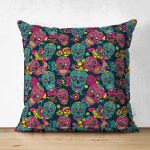 - Suet-K3718-Gorsel - Realhomes Çift Taraflı Renkli İskelet Ve Gül Figürlü Özel Tasarım Dijital Baskılı Modern Süet Yastık Kırlent Kılıfı Realhomes