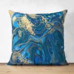 - Suet-K3740-Gorsel - Realhomes Çift Taraflı Mavi Zeminli Altın Yaldızlı Dijital Baskılı Modern Süet Yastık Kırlent Kılıfı Realhomes