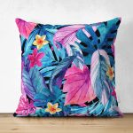 - Suet-K3745-Gorsel - Realhomes Çift Taraflı Mavi Zeminde Rengarenk Çiçekler Modern Süet Yastık Kırlent Kılıfı Realhomes