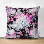 - Suet-K3747-Gorsel - Realhomes Çift Taraflı Siyah Zeminde Çiçek Figürlü Özel Tasarım Dijital Baskılı Modern Süet Yastık Kırlent Kılıfı Realhomes