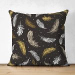 - Suet-K3752-Gorsel - Realhomes Çift Taraflı Siyah Zeminde Gold tüyler Dijital Baskılı Modern Süet Yastık Kırlent Kılıfı Realhomes