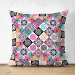 Çift Taraflı Renkli Kare Motifli Dijital Baskılı Özel Tasarım Süet Yastık Kırlent Kılıfı Realhomes