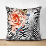 - Suet-K3772-Gorsel - Realhomes Çift Taraflı Zebra Desen Zeminde Çiçek Motifli Özel Tasarım Dijital Baskılı Modern Süet Yastık Kırlent Kılıfı Realhomes