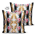 - Suet-K3801-Gorsel-1 - Realhomes Çift Taraflı Çizgili Zeminde Altın Ve Çiçek Desenli Özel Tasarım Dijital Baskılı Modern Süet Yastık Kırlent Kılıfı Realhomes